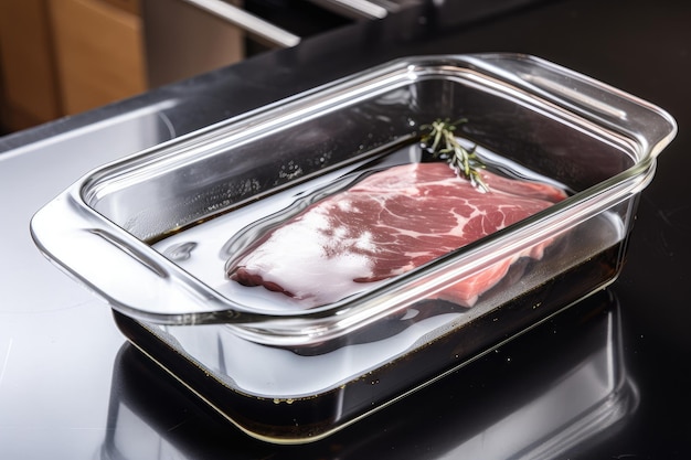 Piatto Sousvide sigillato e pronto per essere cucinato utilizzando un bagno di acqua calda o vapore creato con ai generativo