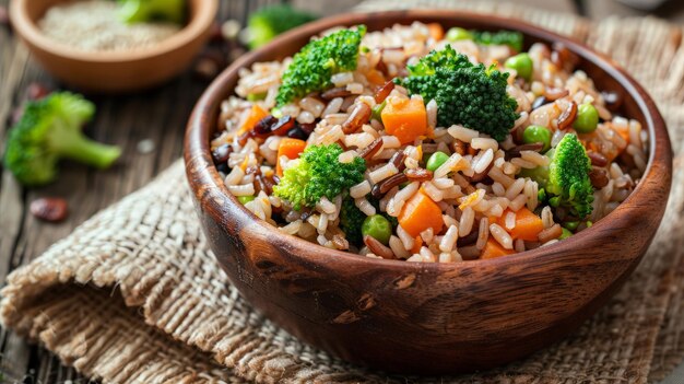 Piatto vegetariano di riso fritto di riso di gelsomino marrone rosso e ricino con broccoli freschi a cubetti e