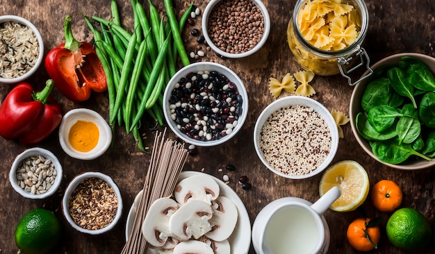 Piatto vegetariano sano cibo set cereali verdure frutta pasta semi su uno sfondo di legno marrone