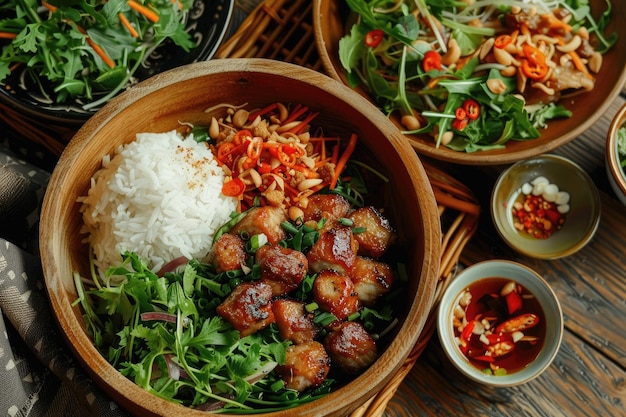 Piatto vietnamita con carne di maiale alla griglia su riso e adornato di erbe in una ciotola di legno