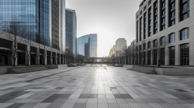 Piazza cittadina vuota con pavimento in cemento di fronte a edifici per uffici al mattino Generative AI AIG21