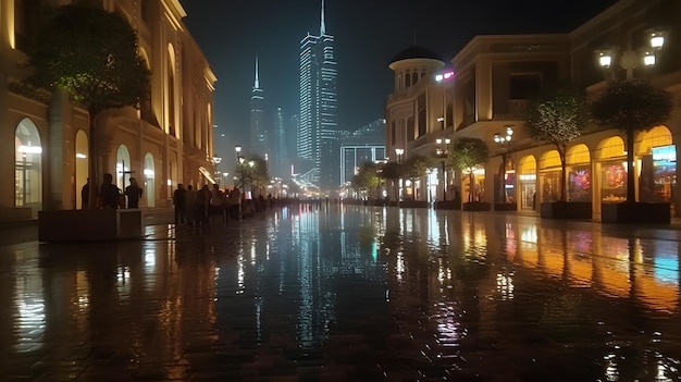 Piazza della città di Dubai di notte con grattacieli sullo sfondo vita notturna affollata