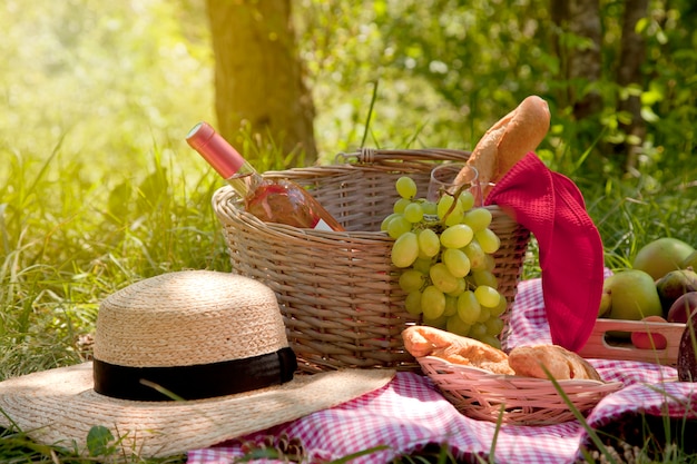 Pic-nic al parco sull'erba: tovaglia, cestino, cibo sano, vino rosato e accessori