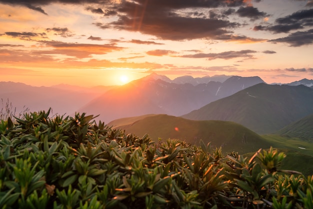 Picchi di montagna alla luce del tramonto Strati di montagne nella foschia durante il tramonto