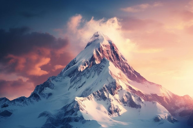 Picco di montagna coperto di neve che brilla all'alba