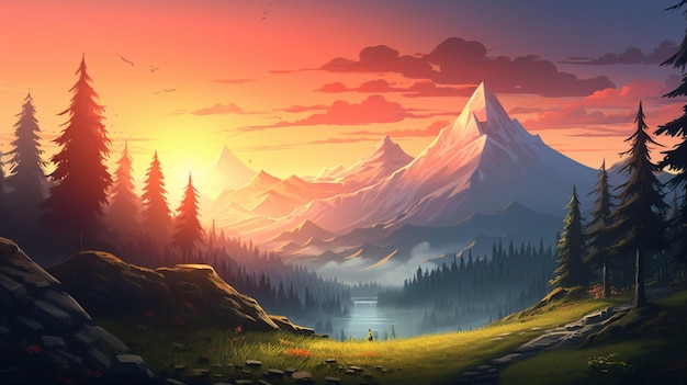 picco di montagna e tramonto in mezzo allo sfondo della foresta