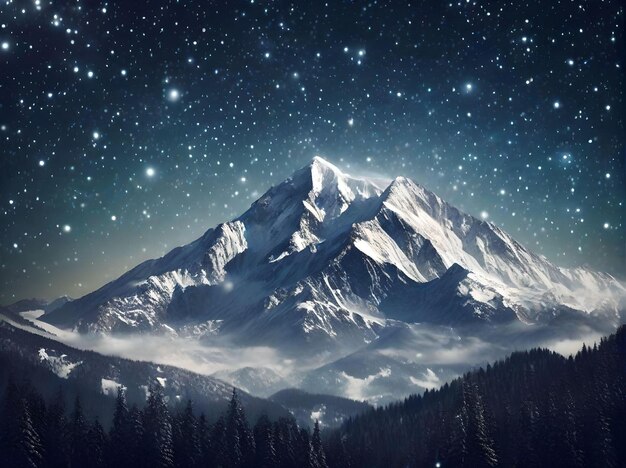 Picco di montagna innevata con paesaggio del cielo notturno stellato