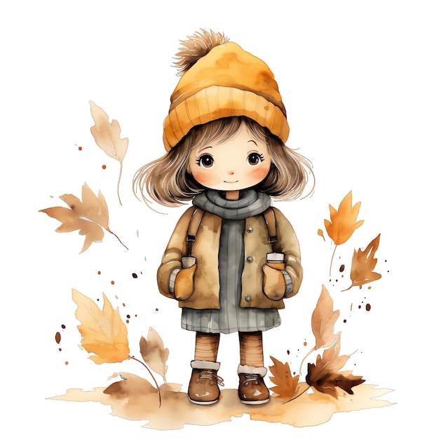 Piccola aquarella carina con vestiti caldi in autunno illustrazione di colori autunnali