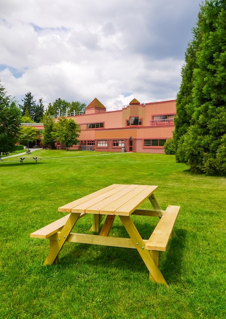 Piccola area ricreativa con tavolo da picnic sul prato verde in un parco