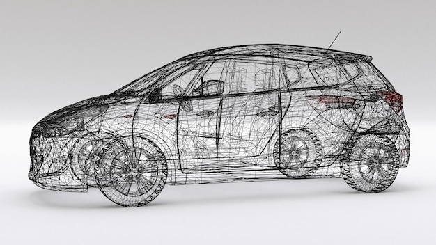 Piccola auto di famiglia, design a rete. Rappresentazione 3D.
