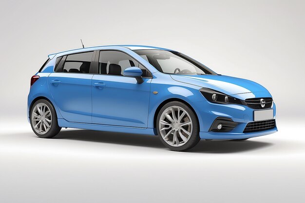 Piccola auto familiare blu hatchback su sfondo bianco rendering 3D