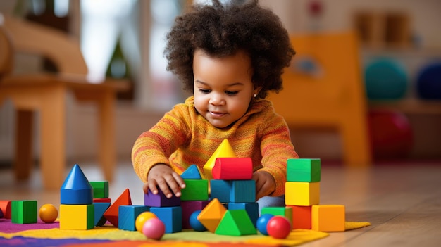 Piccola bambina afroamericana carina che impara a giocare con i blocchi di legno in casa