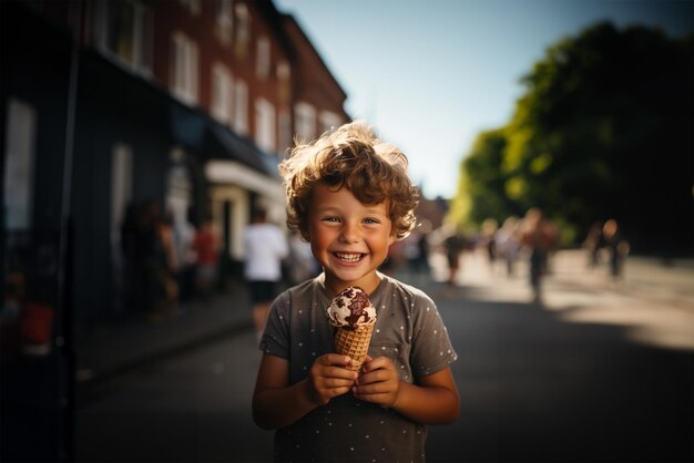 Piccola bambina bionda con i riccioli che mangia un gelato