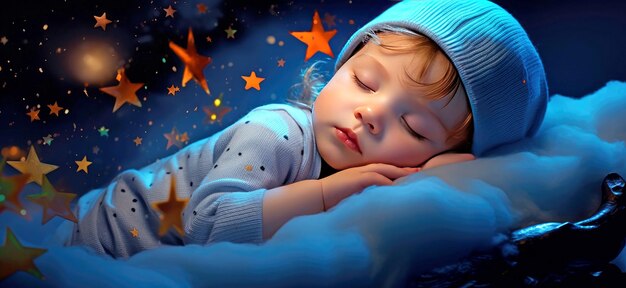 Piccola bambina carina che dorme in una culla sullo sfondo notturno del cielo stellato, illustrazione generata dall'AI