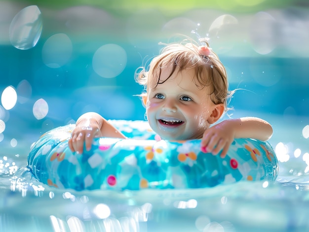 Piccola bambina carina che nuota in piscina in un giorno d'estate