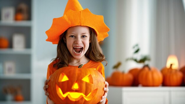 Piccola bambina carina con una zucca intagliata Famiglia felice che si prepara per Halloween