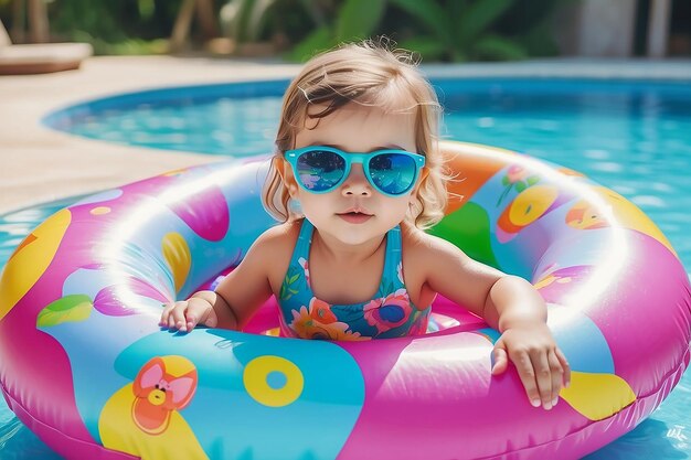 Piccola bambina carina e divertente in costume da bagno colorato occhiali da sole anello giocattolo piscina galleggiante vacanze estive divertenti