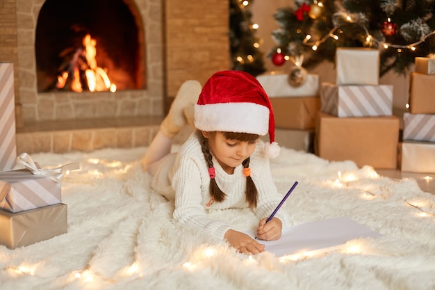 Piccola bambina carina sdraiato sul pavimento sul tappeto e scrivere la lettera a Babbo Natale