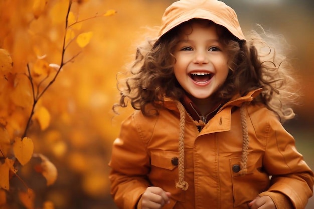 Piccola bambina felice che ride e gioca in autunno sulla passeggiata in natura all'aperto
