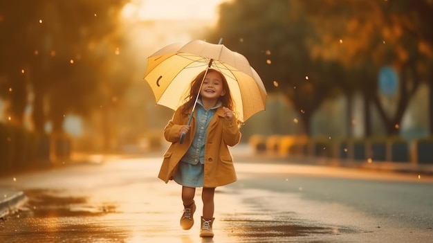 Piccola bambina felice che si diverte a giocare con la pioggia alla luce del sole serale