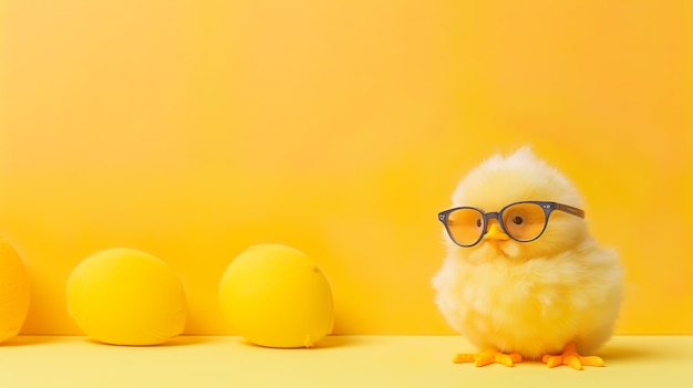 Piccola bambina primaverile con gli occhiali da sole su uno sfondo giallo pastello AI generativa