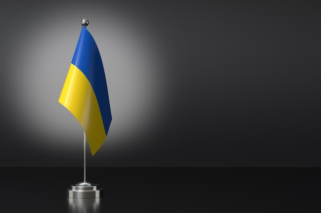 Piccola bandiera nazionale dell'Ucraina su uno sfondo nero 3d Rendering