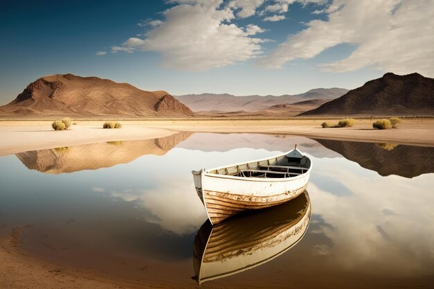 Piccola barca sulla superficie del calmo lago del deserto nel deserto