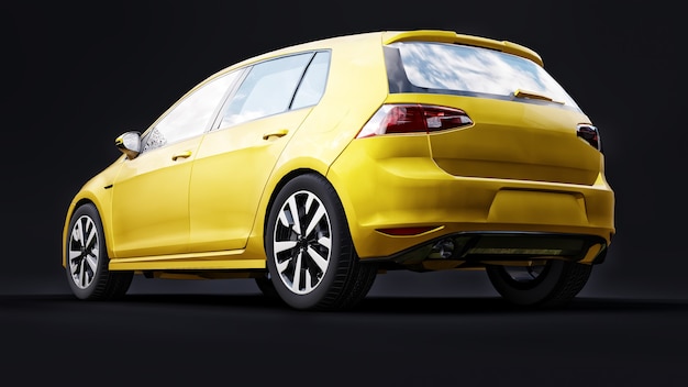 Piccola berlina gialla per auto di famiglia su sfondo nero. rendering 3D.