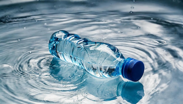 Piccola bottiglia di plastica sulla superficie dell'acqua Acqua minerale