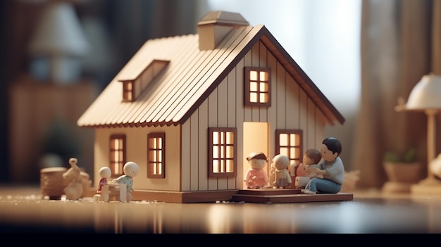 Piccola casa di legno sul pavimento di una stanza accogliente con una famiglia felice che gioca sullo sfondo