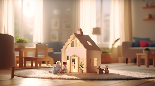 Piccola casa di legno sul pavimento di una stanza accogliente con una famiglia felice che gioca sullo sfondo