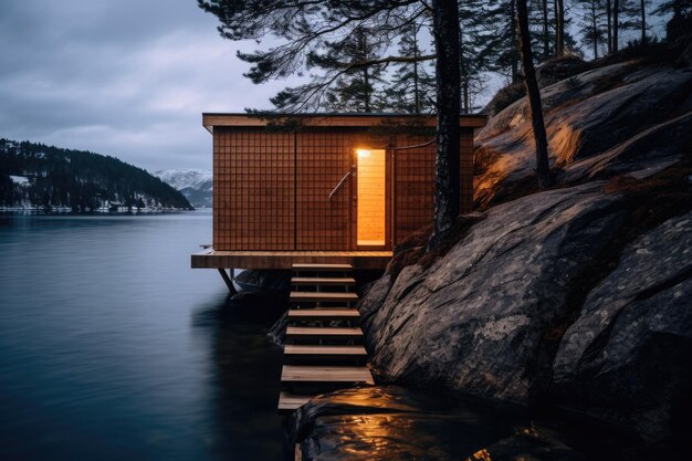 Piccola casa di sauna in legno vicino alla costa nella foresta in montagna Generative ai