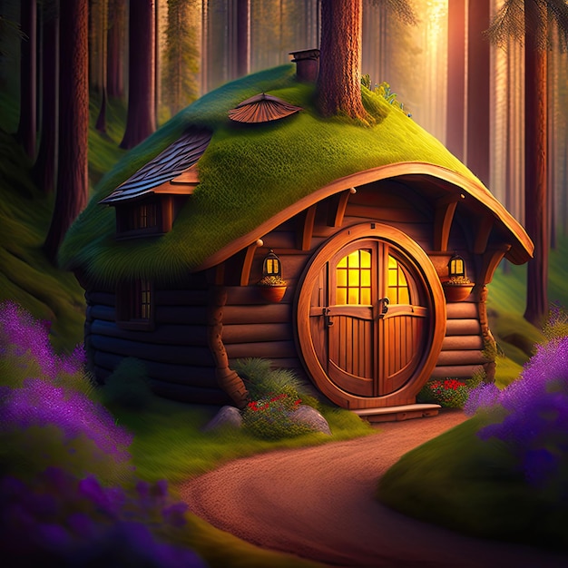 Piccola casa hobbit nella foresta delle fiabe Postelaborata