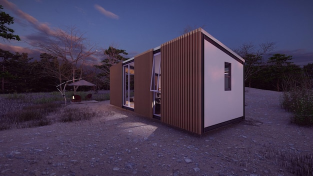 Piccola casa in legno design esterno alla luce notturna su illustrazione 3d