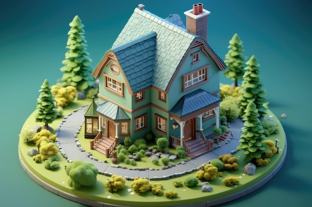 Piccola casa isometrica carina pubblicità professionale rendering 3d