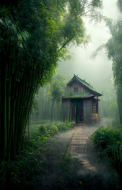 Piccola casa nel mezzo di una foresta generativa ai