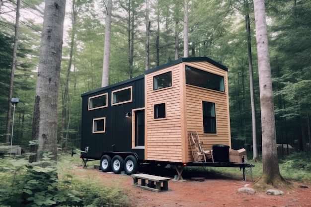 Piccola casa su ruote parcheggiata in una foresta tranquilla creata con l'AI generativa