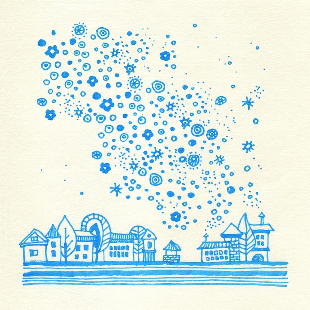 Piccola città sotto cartolina nevicata. Grafica disegnata a mano di illustrazione invernale. Cartoon art con atmosfera natalizia. Case e fiocchi di neve. Case, neve e strisce di doodle grafico. Carta, poster, banner.