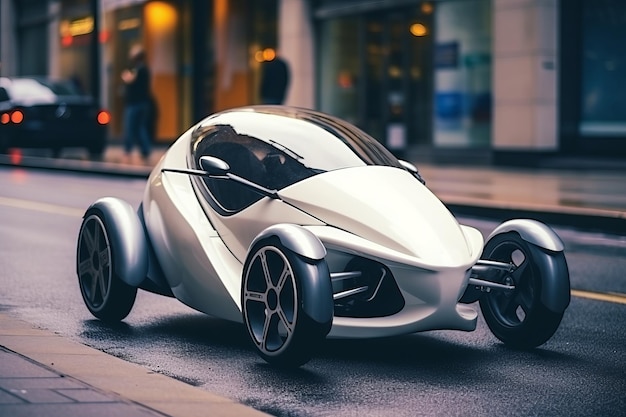 Piccola concept car futuristica bianca sulla strada generata da ai