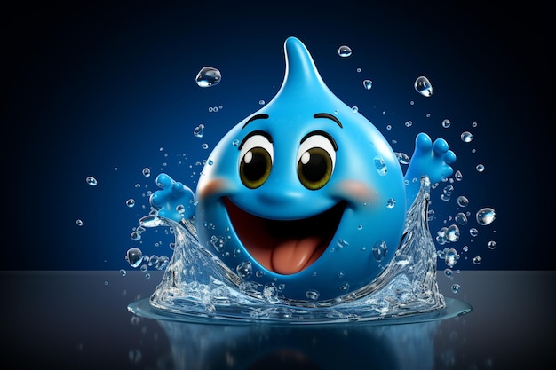 Piccola d'acqua blu con faccia sorridente illustrazione di rendering 3D