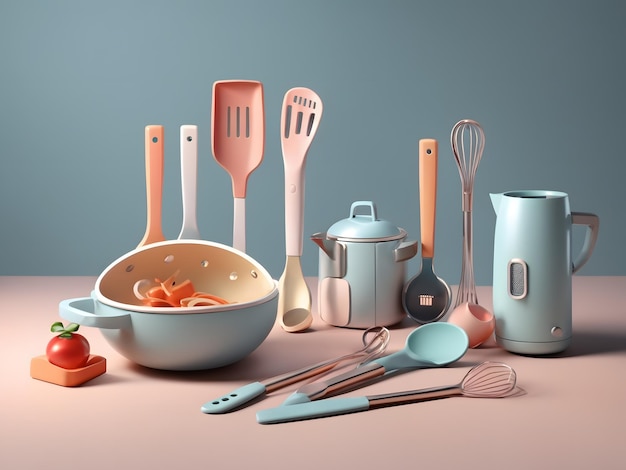 Piccola e carina illuminazione isometrica morbida e uniforme 3d Dainty Kitchen Utensils