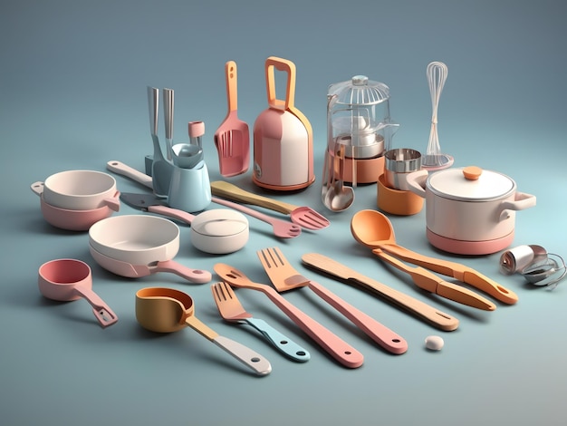 Piccola e carina illuminazione isometrica morbida e uniforme 3d Dainty Kitchen Utensils