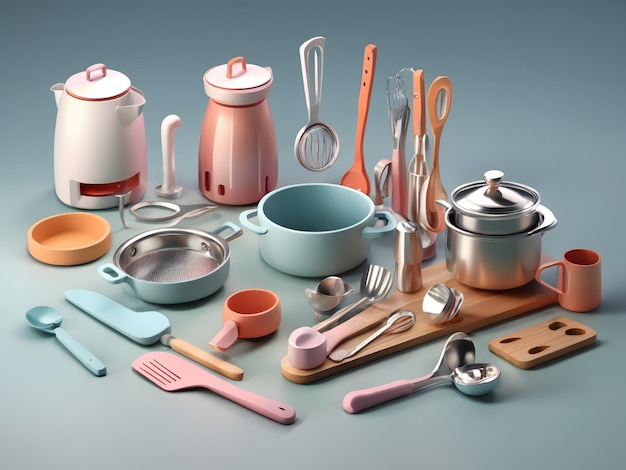 Piccola e carina illuminazione isometrica morbida e uniforme 3d Dainty Kitchen Utensils