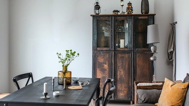 Piccola e eclettica sala da pranzo decorata con moderno tavolo scuro con sedia e vintage Generative Ai