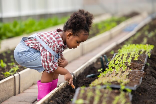 Piccola figlia sveglia del coltivatore del bambino che gioca pianta il giardino verde dell'albero nella fattoria della serra