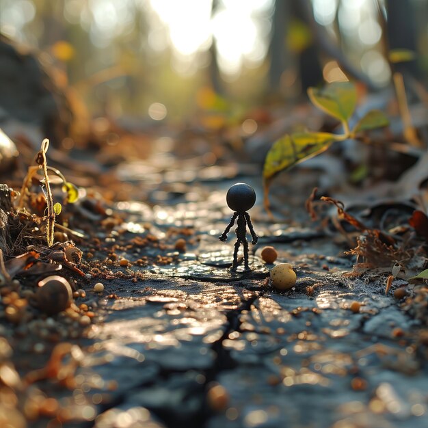 Piccola figura scura in piedi su un sentiero nel mezzo di una foresta lussureggiante