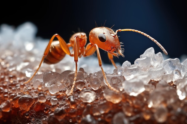 Piccola formica che trasporta particelle di cibo molte volte la sua dimensione