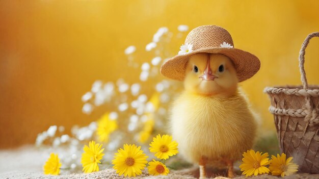 Piccola gallina carina con un cappello di paglia con fiori e un cesto su uno sfondo giallo AI generativa