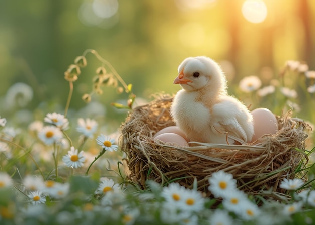 Piccola gallina e uova nell'erba in una giornata di sole.