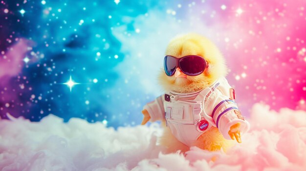 Piccola gallina gialla carina in abito da astronauta con occhiali da sole in Magical Galaxy Star AI Generative